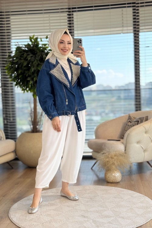 7270 Yakası Zımbalı Kot Ceket Koyu Mavi