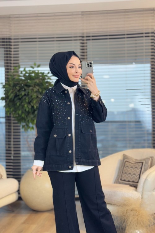 7272 Kot Önü Serpme Taşlı Ve Cepli Ceket Siyah