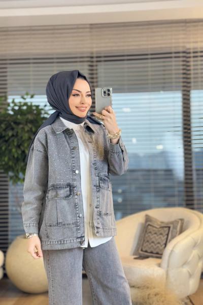 7272 Kot Önü Serpme Taşlı Ve Cepli Ceket Antrasit