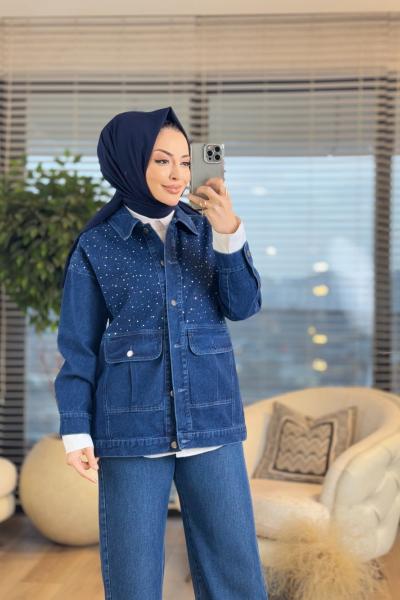 7272 Kot Önü Serpme Taşlı Ve Cepli Ceket Lacivert