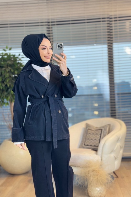 7274 Kot Kol Manşet Ön 4 Düğmeli Ceket Siyah