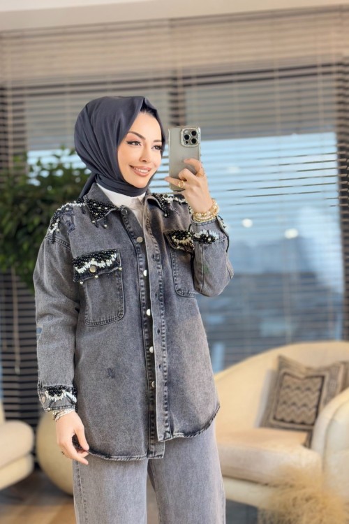 7276 Kot Yaka Cep Omuz Manşet Boncuk İşli Ceket Antrasit