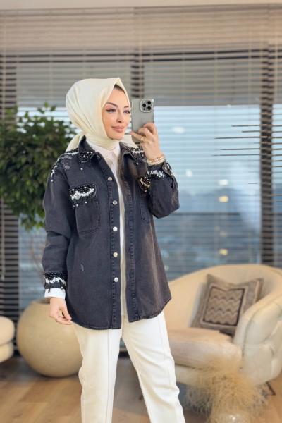 7276 Kot Yaka Cep Omuz Manşet Boncuk İşli Ceket Koyu Antrasit