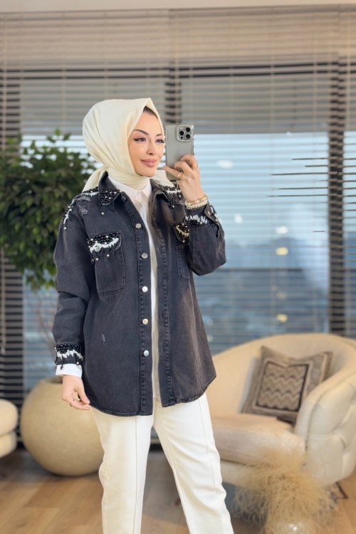 7276 Kot Yaka Cep Omuz Manşet Boncuk İşli Ceket Koyu Antrasit