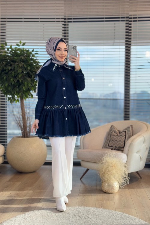 7285 Eteği Fırfır Parçalı Kot Ceket Lacivert