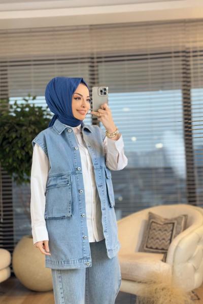 7286 Ön Büyük Cepli Kot Yelek Mavi