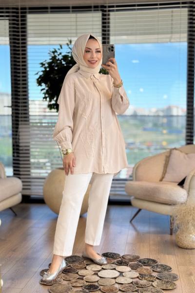 7297 Tencel Sol Taraf Saçak Dal Nakış Gömlek Ekru