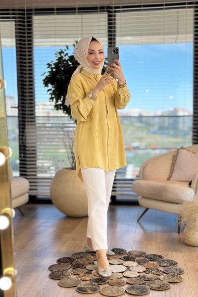 7297 Tencel Sol Taraf Saçak Dal Nakış Gömlek Sarı