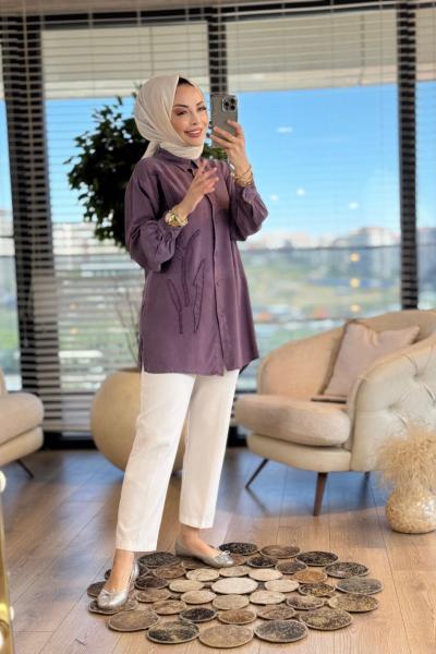 7297 Tencel Sol Taraf Saçak Dal Nakış Gömlek Mürdüm