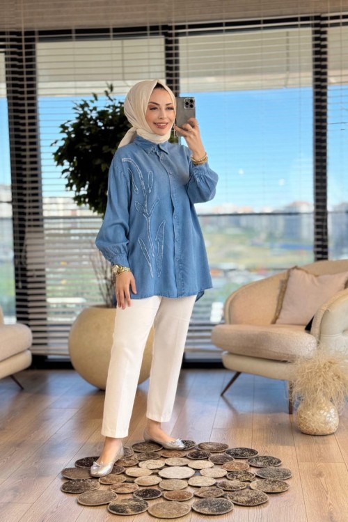 7297 Tencel Sol Taraf Saçak Dal Nakış Gömlek Mavi