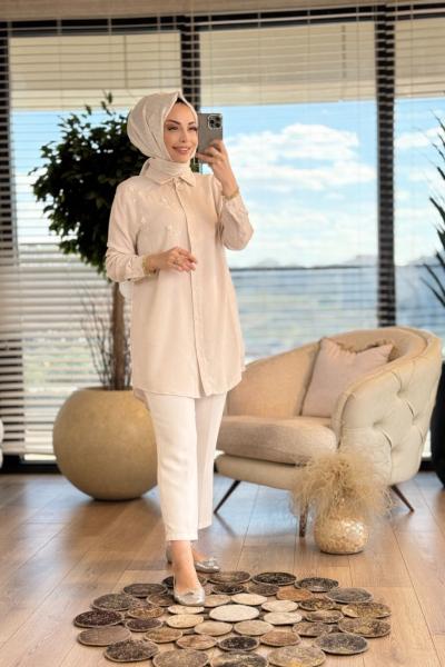 7299 Tencel Sol Göğüs Boncuk Dal İşli Gömlek Ekru