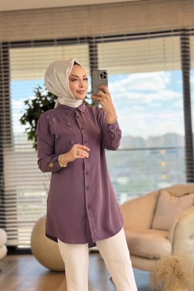 7299 Tencel Sol Göğüs Boncuk Dal İşli Gömlek Mürdüm