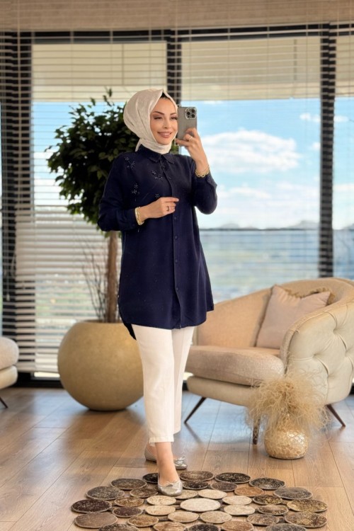 7299 Tencel Sol Göğüs Boncuk Dal İşli Gömlek Lacivert