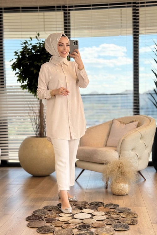 7299 Tencel Sol Göğüs Boncuk Dal İşli Gömlek Ekru