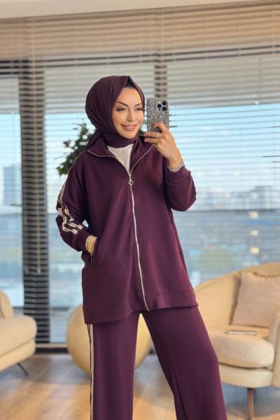 73004 Kol Ve Pantolon Yanı İki Şeritli Takım Bordo