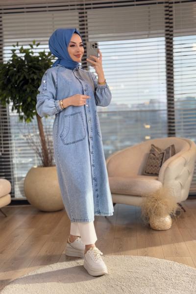 7301 Ön Ve Omuzu Düğmeli Kapşonlu Kot Elbise Mavi