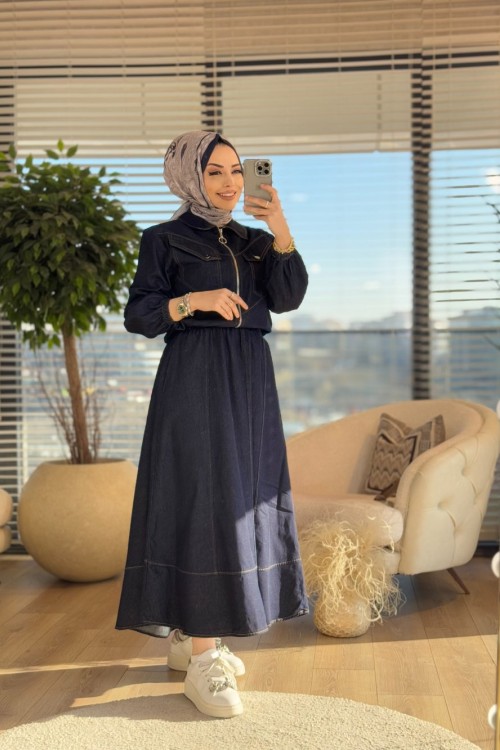7302 Kot Ön Fermuar Ve Cepli Etekli Takım Koyu Lacivert