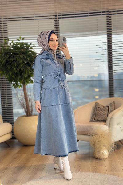 7304 Kot Ön Cep Ve Beli Bağcıklı Etekli Takım Mavi