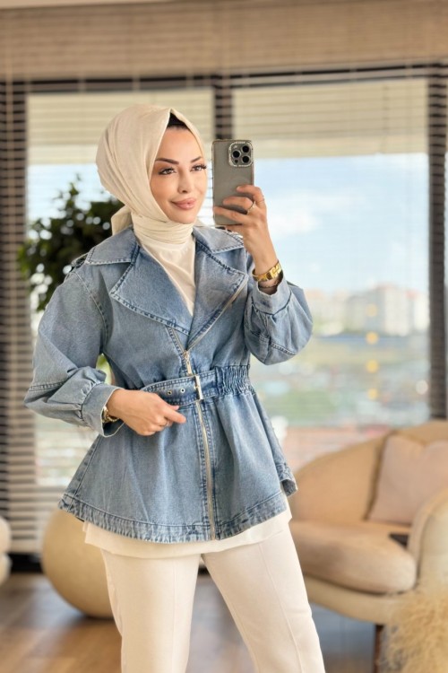 7306 Yandan Fermuarlı Beli Lastikli Ceket Mavi