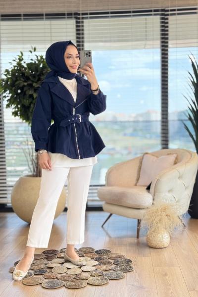 7306 Yandan Fermuarlı Beli Lastikli Ceket Lacivert