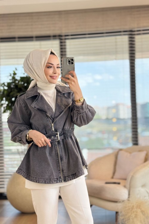 7306 Yandan Fermuarlı Beli Lastikli Ceket Gri