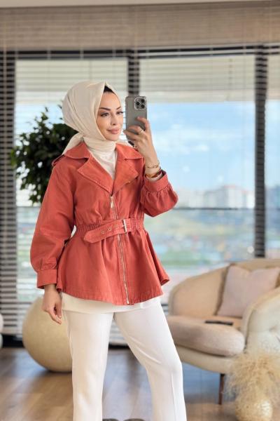 7306 Yandan Fermuarlı Beli Lastikli Ceket Kiremit