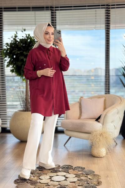 7314 Tencel Cebi Nakışlı Gömlek Bordo