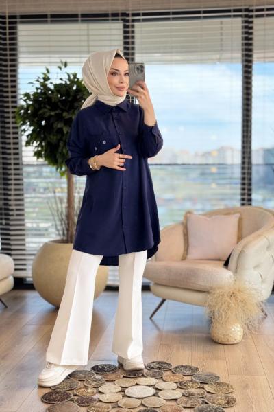 7314 Tencel Cebi Nakışlı Gömlek Koyu Lacivert