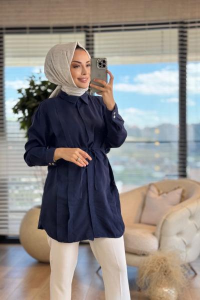 7322 Tencel Ön Pileli Gömlek Lacivert