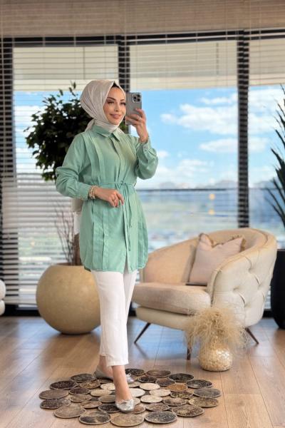 7322 Tencel Ön Pileli Gömlek Yeşil