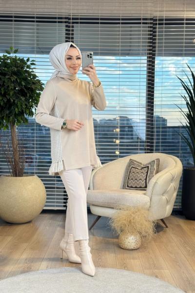 7332 Yanları File Trikolu Tunik Bej