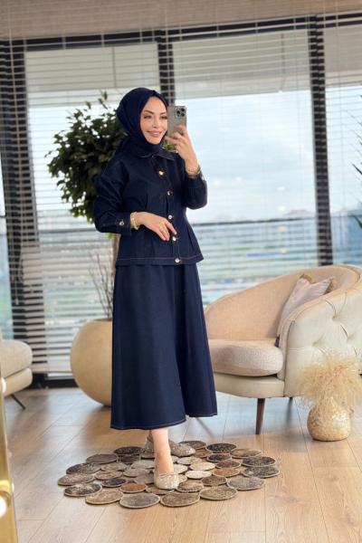 7333 Pens Dikişli Etekli Kot Takım Lacivert