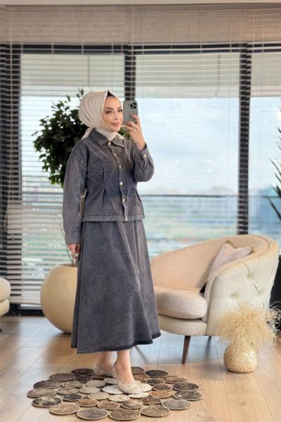 7333 Pens Dikişli Etekli Kot Takım Gri