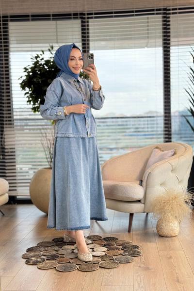 7333 Pens Dikişli Etekli Kot Takım Mavi