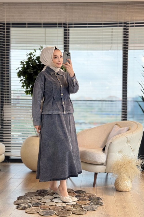 7333 Pens Dikişli Etekli Kot Takım Gri