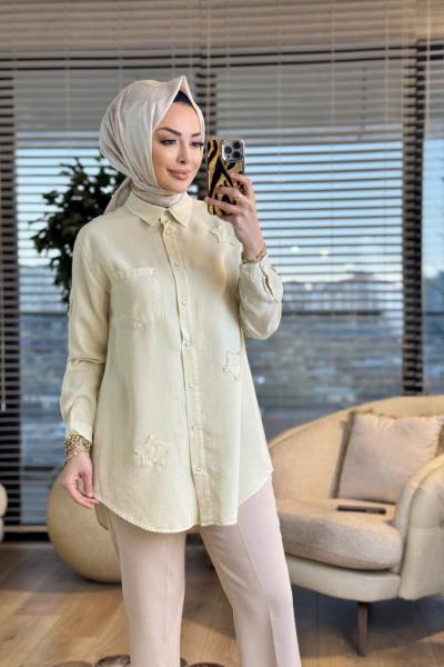 7343 Tencel Üstü Serpme Yıldız Nakışlı Gömlek Ekru