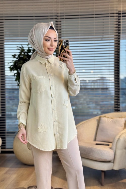 7343 Tencel Üstü Serpme Yıldız Nakışlı Gömlek Ekru