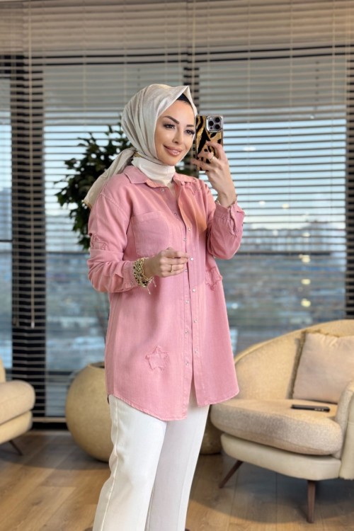 7343 Tencel Üstü Serpme Yıldız Nakışlı Gömlek Pembe
