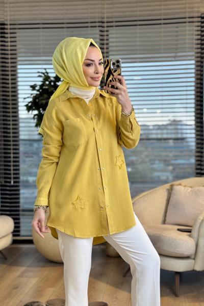 7343 Tencel Üstü Serpme Yıldız Nakışlı Gömlek Sarı