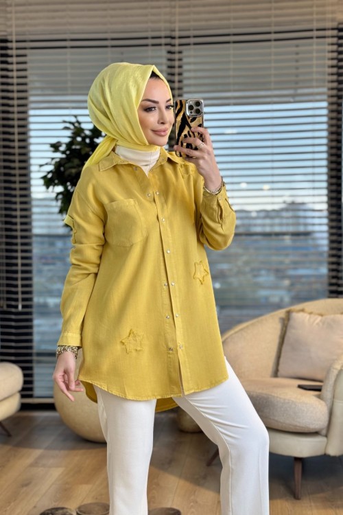 7343 Tencel Üstü Serpme Yıldız Nakışlı Gömlek Sarı