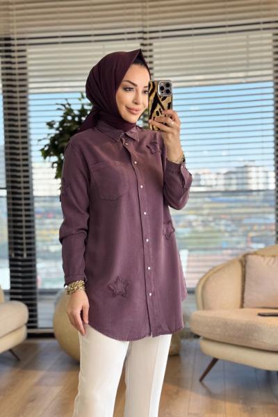 7343 Tencel Üstü Serpme Yıldız Nakışlı Gömlek Mürdüm