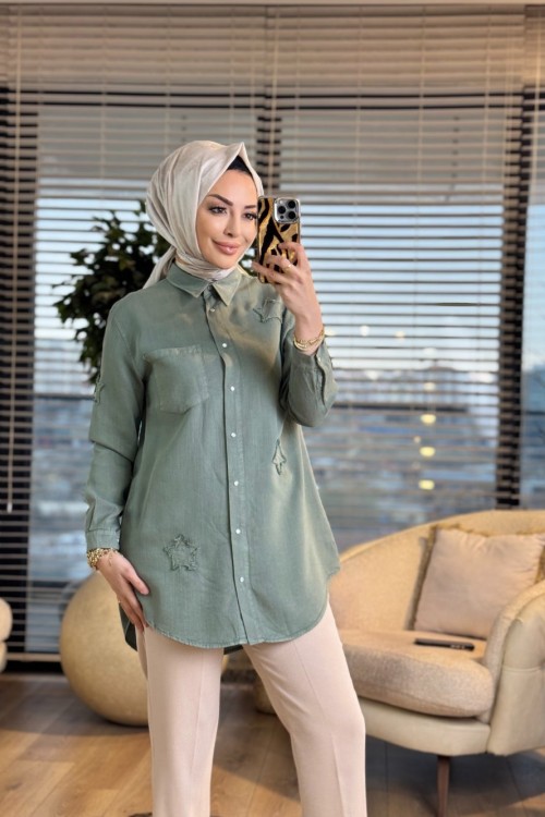 7343 Tencel Üstü Serpme Yıldız Nakışlı Gömlek Mint