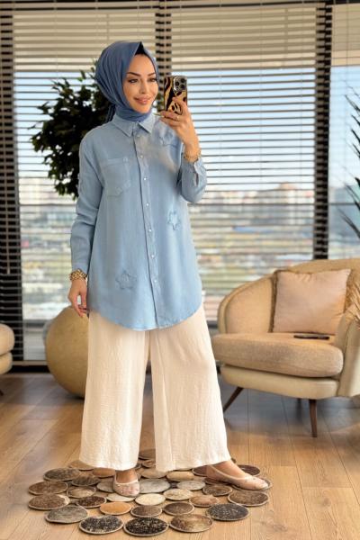 7343 Tencel Üstü Serpme Yıldız Nakışlı Gömlek Mavi