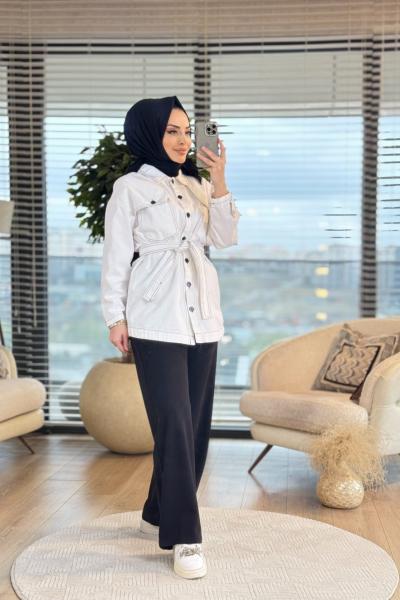 7347 Ön Parça Detaylı Dikişli Kot Ceket Ekru