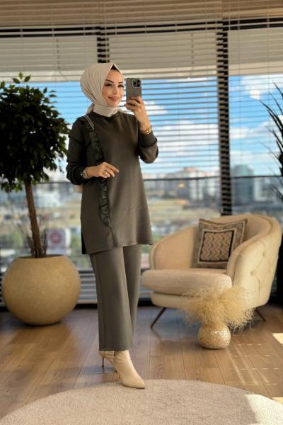 7349 Sol Taraf Tül Fırfırlı Takım Haki