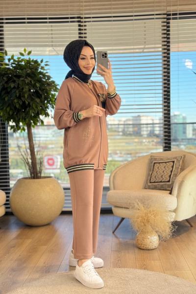 7350 Ön Deri Cep Üstü Taş Baskılı Ferm.Takım Vizon