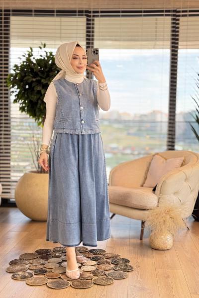 7355 Kot Yelek Etekli Takım Mavi