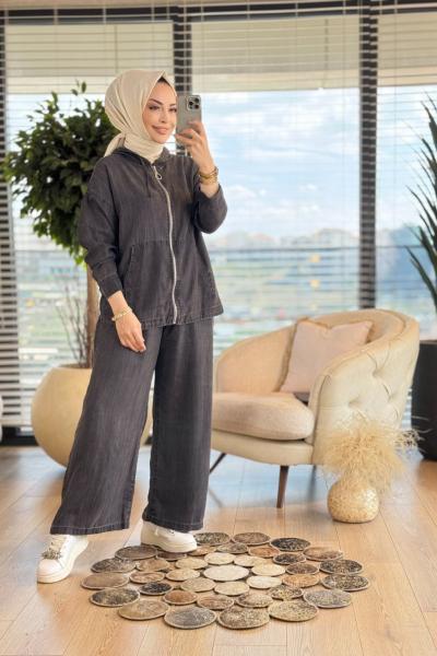 7356 Tencel Kapş.Fermuarlı Kanguru Cepli Takım Antrasit