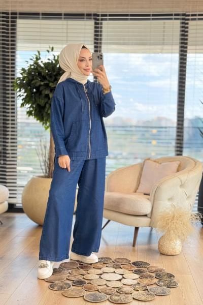 7356 Tencel Kapş.Fermuarlı Kanguru Cepli Takım Koyu Mavi