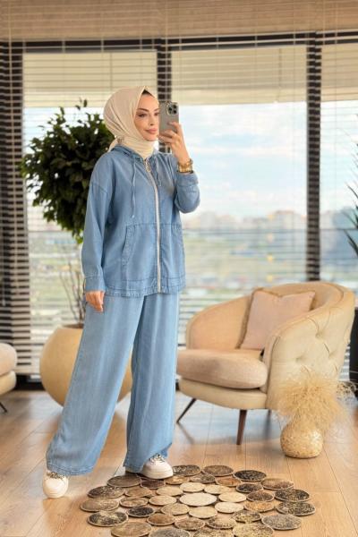 7356 Tencel Kapş.Fermuarlı Kanguru Cepli Takım Açık Mavi